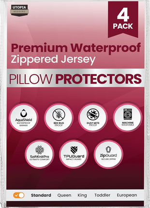Utopia Bedding Set of 4 Waterproof Pillow Protectors with Zipper Standard Size (White), Ultra Soft Pillow Covers, Bed Bug and Dust Mite Proof Pillow Encasements, Moisture Wicking Pillow Cases