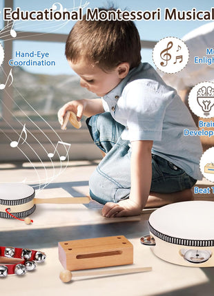 LOOIKOOS Montessori Natural Wooden Musical Instruments Set for Toddlers Preschool Educational Percussion Toys with Storage Bag, Safe Early Learning Toys for Boys Girls (3+)