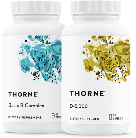 THORNE - Basic B Complex (60 Capsules) & Vitamin D-5000 (60 Capsules) Bundle - Supports Cellular Energy Production, Brain Health & Healthy Bones - Gluten, Dairy & Soy-Free
