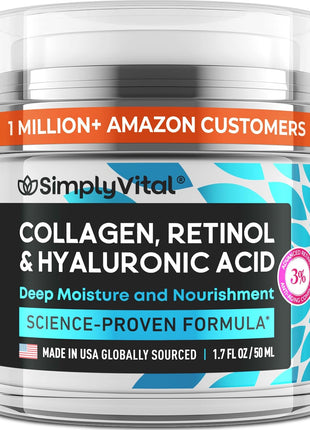 SimplyVital Face Moisturizer Retinol Collagen Hyaluronic Acid Cream 1.7 oz | Anti-Aging, Moisturizer Face Cream for Women & Men, Visibly Firming, Hydrating Neck Care, Day & Night Skin Care, Silky Feel