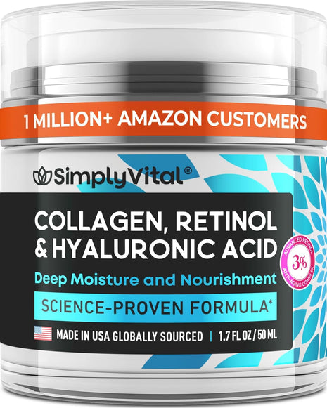 SimplyVital Face Moisturizer Retinol Collagen Hyaluronic Acid Cream 1.7 oz | Anti-Aging, Moisturizer Face Cream for Women & Men, Visibly Firming, Hydrating Neck Care, Day & Night Skin Care, Silky Feel
