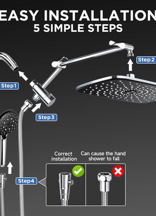 Veken Wide Rain Shower Head with Handheld, High Pressure Rainfall Showerhead Combo with Arm for Bathroom Accessories, Home Decor, Detachable Dual Shower with Multi Modes Handheld Spray, Silver Chrome