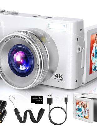 Duluvulu 4K Digital Camera for Photography Autofocus, 2026 Latest 48MP Vlogging Camera for YouTube with SD Card, 2 Batteries, 3" 180°Flip Screen Compact Travel Camera for Teens with 16X Zoom,Off White
