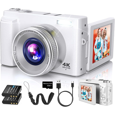 Duluvulu 4K Digital Camera for Photography Autofocus, 2026 Latest 48MP Vlogging Camera for YouTube with SD Card, 2 Batteries, 3" 180°Flip Screen Compact Travel Camera for Teens with 16X Zoom,Off White