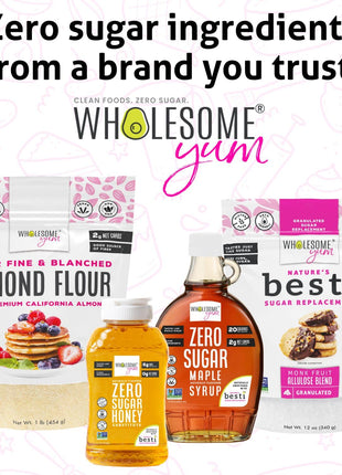 Wholesome Yum Zero Sugar Maple Syrup (Keto Maple Syrup) With Monk Fruit & Allulose - Natural Sugar Free Pancake Syrup - Non GMO, Low Carb, Gluten Free, Vegan, No Aftertaste (12 fl oz)