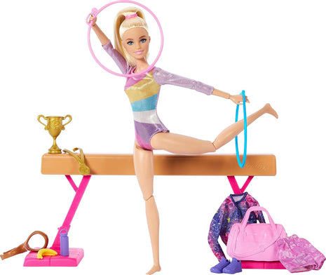 Barbie Gymnastics Doll & Accessories Playset | Blonde Fashion Doll, C-Clip for Flipping Action, Balance Beam, Warm-Up Suit & More