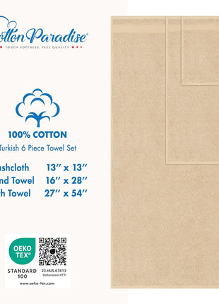 Cotton Paradise 100% Cotton Turkish Towel Set, Soft Absorbent Quick Dry, 6 Piece Towel Set, Beige