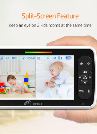 iFamily Split Screen Baby Monitor, Large Display Video Baby Monitor with 2 Cameras and Audio, Long Range, Remote pan tilt, Night Vision, Temperature Sensor, 2 Way Talk, Feeding Clock and lullabies.