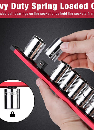 WORKPRO Magnetic Socket Organizer, Heavy Duty 3/8-Inch Drive Socket Rail | 1 Piece Socket Holder with 10 Spots, Aluminum Alloy, Rotatable & Movable Clips, Efficient Organization