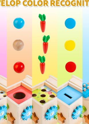 Kizfarm Wooden Montessori Baby Toys, 8-in-1 Wooden Play Kit Includes Object Permanent Box, Coin Box, Carrot Harvest, Shape Sorting & Stacking - Birthday Gift for Boys Girls Toddlers