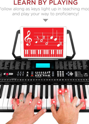 Best Choice Products 61 Key Beginners Complete Electronic Keyboard Piano Set w/Lighted Keys, LCD Screen, Headphones, Stand, Bench, Teaching Modes, Note Stickers, Built In Speakers   Black