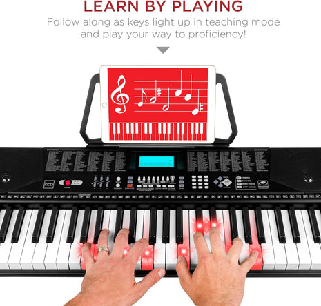 Best Choice Products 61 Key Beginners Complete Electronic Keyboard Piano Set w/Lighted Keys, LCD Screen, Headphones, Stand, Bench, Teaching Modes, Note Stickers, Built In Speakers   Black