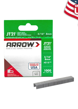 Arrow 215 JT21 Thin Wire Staples for Staple Guns and Staplers, Use for Upholstery, Crafts, General Repairs, 5/16-Inch Leg Length, 7/16-Inch Crown Width, 1000-Pack, Made in the USA