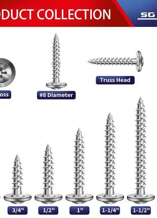 #8 x 1 Inch Wood Screw 500Pcs 410 Stainless Steel Standard Thread Truss Head Fast Self Tapping by SG TZH