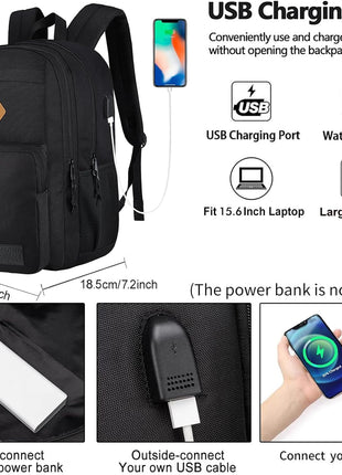 KEOFID Travel backpack for Men and Women, Anti Theft Laptop Backpack with USB Charging Port for Work, Large Bag for College, Carry-on Backpack with Luggage Strap, Water Resistent(Black)