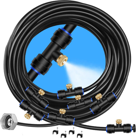 GOXAWEE Misting System, 26FT (8M) Misting Line + 7 Brass Mist Nozzles + Brass Adapter(3/4 inch), Misters for Outside Patio Cooling Outdoor Garden Greenhouse Trampoline for Waterpark