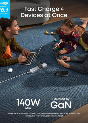 Anker Laptop Charger, 140W MAX USB C Charger, 4-Port Multi-Device Fast Charging, Advanced GaN Power Adapter, Intuitive Touch Controls, for MacBook, iPhone 16 Series, Samsung Galaxy, Pixel, and More