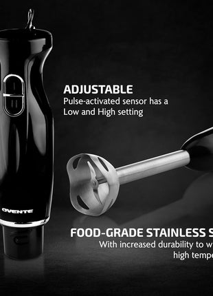 OVENTE Electric Corded Hand Blender, 300W with 2 Mixing Speeds Black HS560B | Handheld Immersion Stick Mixer with Stainless Steel Blades for Smoothies, Purees & Baby Food
