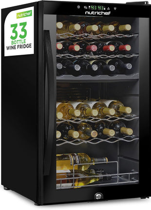 Nutrichef 33 Bottle Wine Fridge | Dual Zone Wine Cooler | Adjustable Temperature Control 41°F to 64°F | Ultra Quiet Operation | Freestanding Wine Chiller for Home & Office | 33x19x17 IN