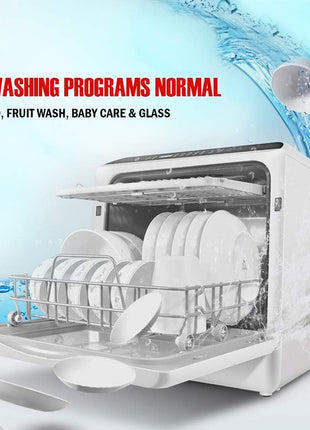 Portable Countertop Dishwasher with 5 Programs, 3-Cup Water Tank, Fruit/Veg Basket, High Temp, Air Dry