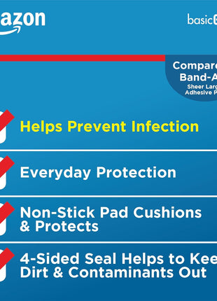 Amazon Basic Care Sheer Adhesive Pad Bandages for Minor Cuts, Scrapes and Wounds, Extra Large 3 x 4 in, Non-Stick Pad, 30 Count