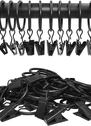 40 Pack Curtain Rings with Clips, Drapery Clips with Rings, Drapes Rings 1.26 in Interior Diameter, Fits up to 1 in Curtain Rod, Black