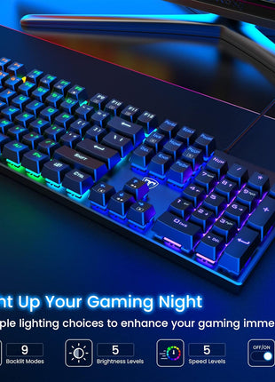 RisoPhy Mechanical Gaming Keyboard, RGB 104 Keys Ultra-Slim LED Backlit USB Wired Keyboard with Blue Switch, Durable Abs Keycaps/Anti-Ghosting/Spill-Resistant Computer Keyboard for PC Mac Xbox Gamer