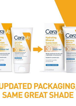 CeraVe Hydrating Mineral Sunscreen SPF 30 with Sheer Tint, Tinted Mineral Sunscreen with Zinc Oxide & Titanium Dioxide, Blends Seamlessly For Healthy Glow, Medium, 1.7 Fluid Ounce