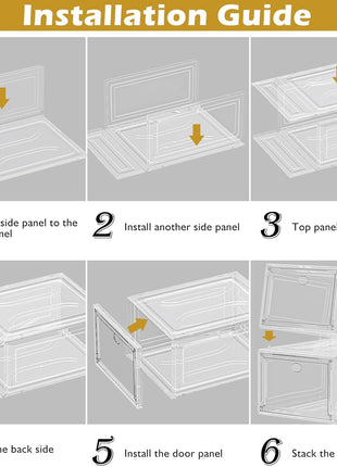 Sturdy Clear Shoe Organizer with Magnetic Door, Stackable Shoe Storage Box | Thick Plastic Shoe Storage for Sneakers & Boots, Collapsible Closet Shoe Rack and Clear Shoe Box, 6 Pack White