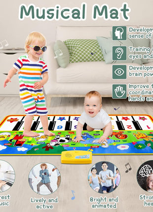 Floor Piano Mat,Musical Toys for Toddlers 1-3 Piano Keyboard Music Play Mat | 53'' x 23'' Piano Mat for Kids Dance Touch Mat, Electronic Piano Keyboard 8 Animal Sounds, Gifts for 3 4 5 Year Old Girls