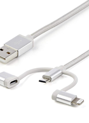 StarTech.com USB Multi Charging Cable - 3.3 ft / 1m - Lightning / USB-C / Micro-USB - Braided - MFi Certified - USB 2.0 - 3 in 1 Charging (LTCUB1MGR) Silver