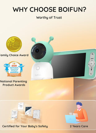 BOIFUN 2026 Upgraded 2K WiFi Baby Monitor with Camera and Audio, Smart Night Light, APP & 5inch Split-Screen Control, Motion/Cries/Sound/Custom Alarm Zone Detect, Auto Tracking, Humidity Temp Detect
