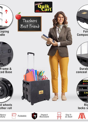 dbest products Quik Cart Collapsible Rolling Crate on Wheels for Teachers Tote Basket 80 lbs Capacity, Made from Heavy Duty Plastic Used as a Seat, Black
