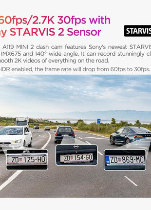 VIOFO Dash Cam A119 Mini 2, STARVIS 2 Sensor, 2K 60fps/HDR 30fps Voice Control Car Dash Camera with 5GHz Wi-Fi GPS, Night Vision 2.0, 24H Parking Mode, Supercapacitor (SD Card Not Included)