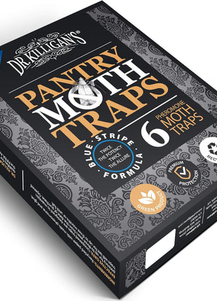 Dr. Killigan's Premium Double Potent Pantry Moth Traps with Pheromones Prime, Sticky Indian Meal Moth Traps for Kitchen, How to Get Rid of Moths in House (6 Pack, Black)