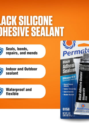Permatex 81158 Black Silicone Adhesive Sealant, 3 oz. Tube, Pack of 1