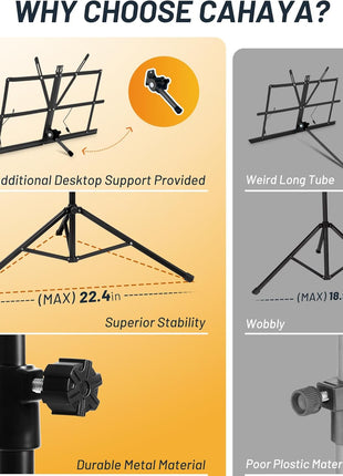CAHAYA Portable Sheet Music Stand: Dual Use Desktop Book Holder Folding Lightweight Extra Stable Reinforced with Carrying Bag and Clip for Students Musicians Height Adjustable up to 54.3 inch CMS0204