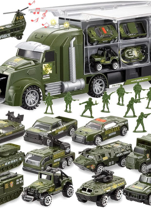 JOYIN 25 in 1 Military Kids Truck Toys for Age 3+, Toddler Boy Toys, Army Men Tanks Set with Soldier Men, Mini Battle Cars in Carrier Truck with Lights and Sounds, Gifts for Grandkids