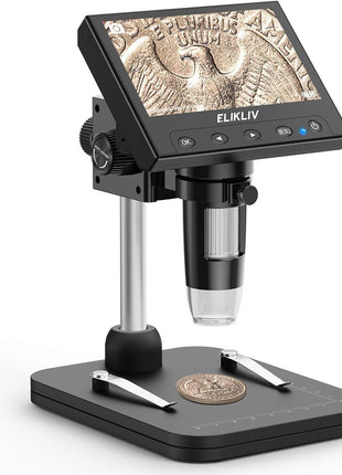Elikliv Microscope, LCD Digital Coin Microscope 1000x, Coin Magnifier with 8 Adjustable LED Lights, PC View Compatible with Windows/MacBook, EDM4, 4.3-Inch
