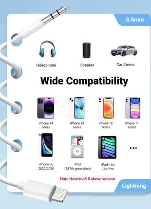 Aux Cord for iPhone,[Apple MFi Certified] Lightning to 3.5 mm AUX Cable for Car Stereo, Speaker, Headphone, Auxiliary Audio Cable Compatible with iPhone 14 13 12 11 XS XR X 8 7 3.3FT White
