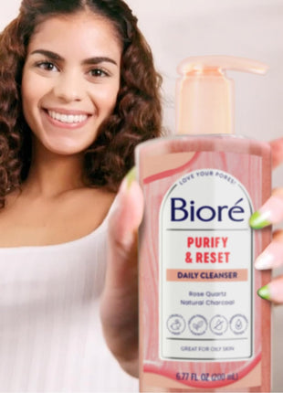Biore Rose Quartz + Charcoal Daily Purifying Cleanser, Oil Free, 6.77 Oz | Dermatologist Tested, Cruelty Free, Removes Impurities, Energizes Complexion, Fresh Clean Feel
