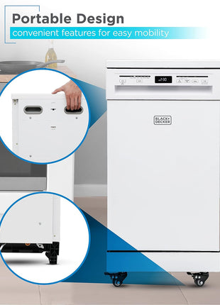 BLACK+DECKER 18-Inch Portable Dishwasher, Energy Star, BPD8W, White | 8-Place Setting Capacity, Mobile Dish Washer with 6 Wash Programs, LED Display, Stainless Steel Tub