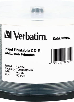 Verbatim CD-R 700MB 52X DataLifePlus White Inkjet Printable, Hub Printable - 50pk Spindle - 94755