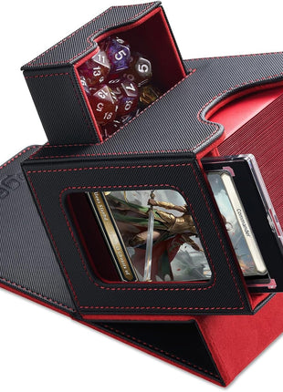 Card Deck Box for MTG Commander - Patented Design, Commander Display, Fits 100 Double-Sleeved Cards, 35pt Card Brick & Dice Tray - Black/Red