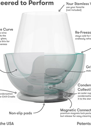 VoChill Stemless Wine Glass Chiller | Keep the Chill In Your Glass | Made in the USA | Separable & Refreezable Chill Cradle | Actively Chills Stemless Glassware | Quartz, Single Stemless