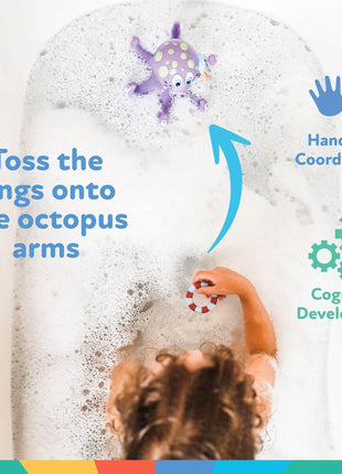 Nuby Floating Octopus with 3 Hoopla Rings - Baby & Toddler Bath Toy - No Hole Design Keeps Moisture Out - Fine Motor Skills - 18+ Months - Great Baby Pool Toys | 3 Hoopla Rings