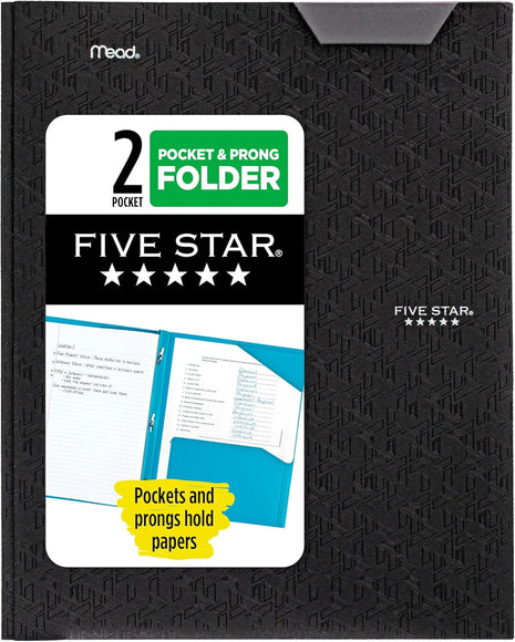 Five Star 2-Pocket Folder, Plastic Folder with Stay-Put Tabs and Prong Fasteners, Holds 8-1/2 inch x 11 inch Paper, Black (72113)