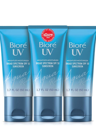 Biore UV Aqua Rich Daily Hydrating Facial Moisturizer with SPF 50 | Oil Free Sunscreen for Sensitive Skin with Hyaluronic Acid, Non-Comedogenic, Dermatologist Tested, 1.7 Oz/3 Pack