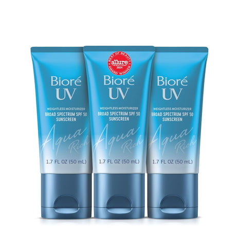 Biore UV Aqua Rich Daily Hydrating Facial Moisturizer with SPF 50 | Oil Free Sunscreen for Sensitive Skin with Hyaluronic Acid, Non-Comedogenic, Dermatologist Tested, 1.7 Oz/3 Pack