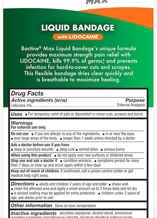 Bactine MAX Liquid Bandage with Lidocaine, Wound Cleaning Solution That Kills 99% of Germs, Covers and Protects Skin, Fast-Drying Protective Seal, 0.30 fl oz